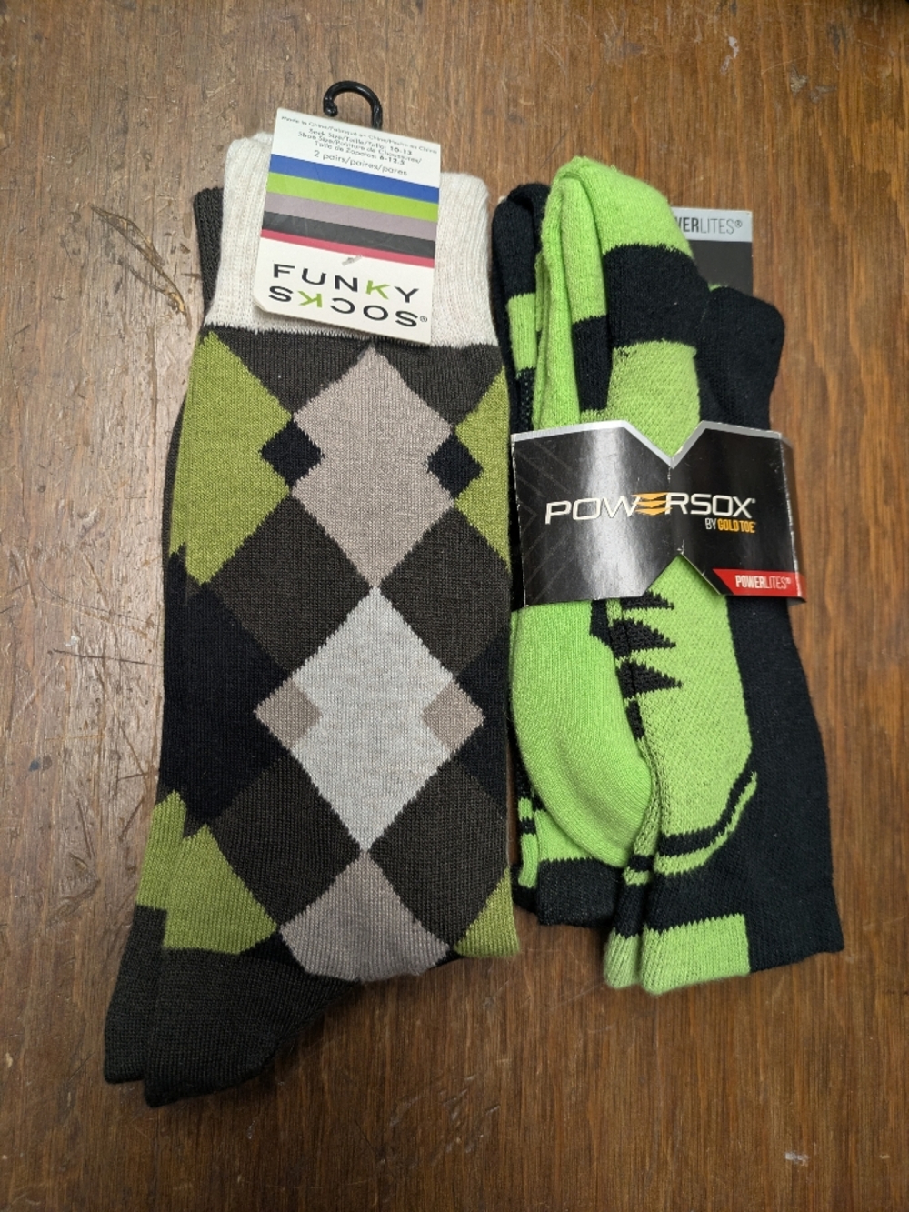 Funky Socks & Gold Toe Powersox Green/Black Men's Athletic Golf Socks 4 Pr New!